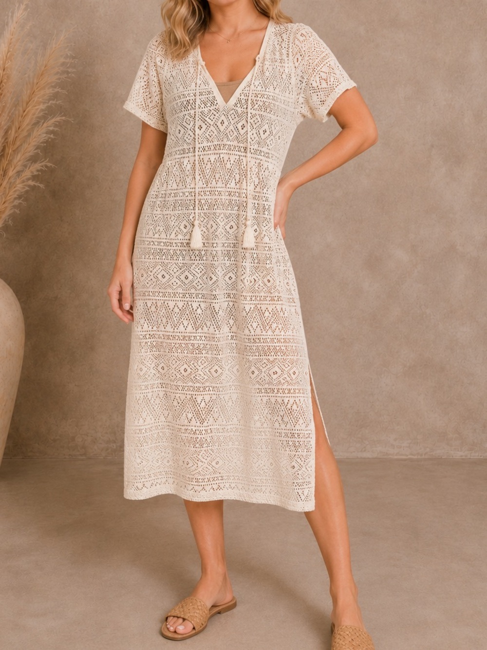 Japna Cream Crochet V Neck Short Sleeve Beach Cover Up Medium NWOT Resortwear